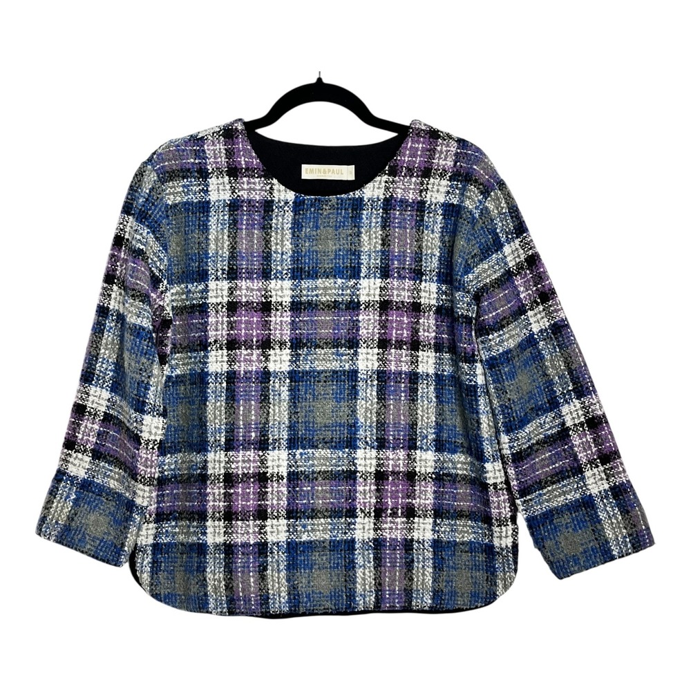 Emin & Paul Shoreditch London Blue Purple Plaid Tweed Boxy Top‎ Womens Size M